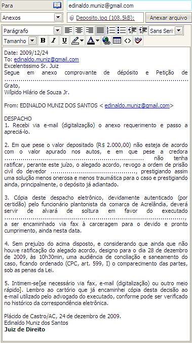 Juiz expede por e-mail alvar&aacute; de soltura em favor de devedor de pens&atilde;o aliment&iacute;cia - Reprodu&ccedil;&atilde;o