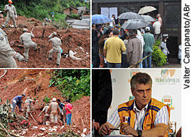 Teresópolis - Equipes de resgate trabalham nas áreas atingidas pelas fortes chuvas. Pessoas se aglomeram em frente ao IML da cidade em busca de notícias. O prefeito de Teresópolis, Jorge Mario, concede entrevista à imprensa - Valter Campanato/ABr