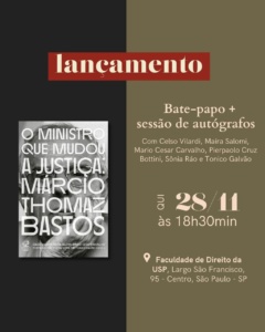 Imagem de divulgação do lançamento do livro sobre legado de Márcio Thomaz Bastos