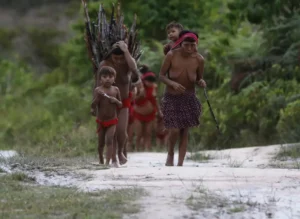 Grupo de indígenas caminhando na Terra Yanomami