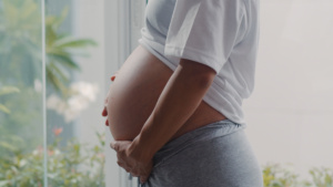 mulher grávida perto da janela