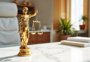 estátua da justiça sobre mesa