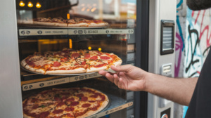 homem colocando pizzas no forno