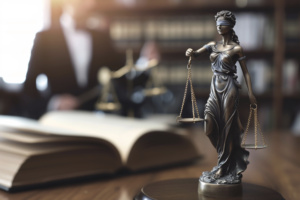 estátua da justiça e livros em tribunal