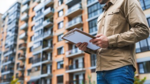 homem com prancheta em frente a condomínio