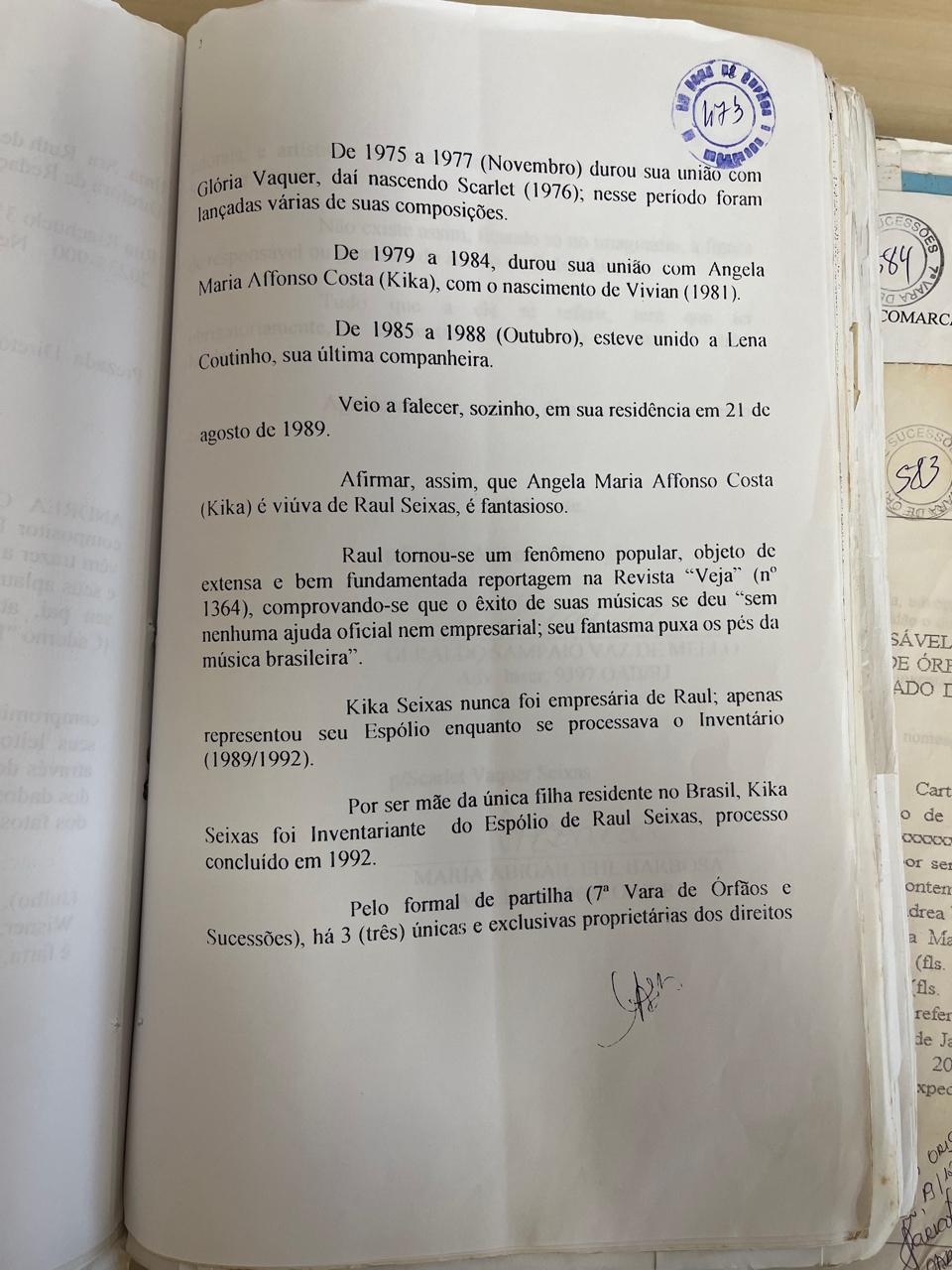 Documento sobre a disputa entre as herdeiras do cantor Raul Seixas