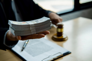 Juiz batendo martelo e segurando cédulas de dinheiro na mão, em gesto de entrega