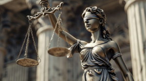 estátua da Justiça em frente a um templo