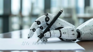 Braço robótico humanoide escrevendo com caneta sobre papel
