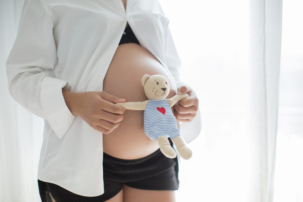 grávida segurando ursinho de pelúcia sobre a barriga
