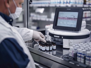 farmacêutico em linha de produção de indústria