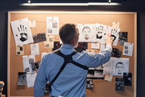 homem vendo fotos de suspeitos