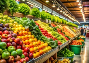 Frutas coloridas dispostas em hortifruti